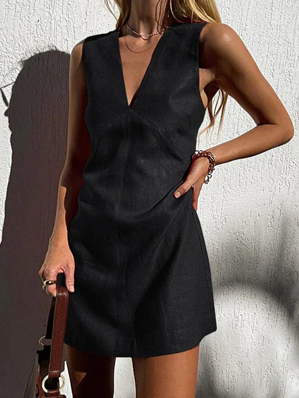 Commense Minimalist Casual Cotton & Linen Black V-Neck Short Dress NWT S